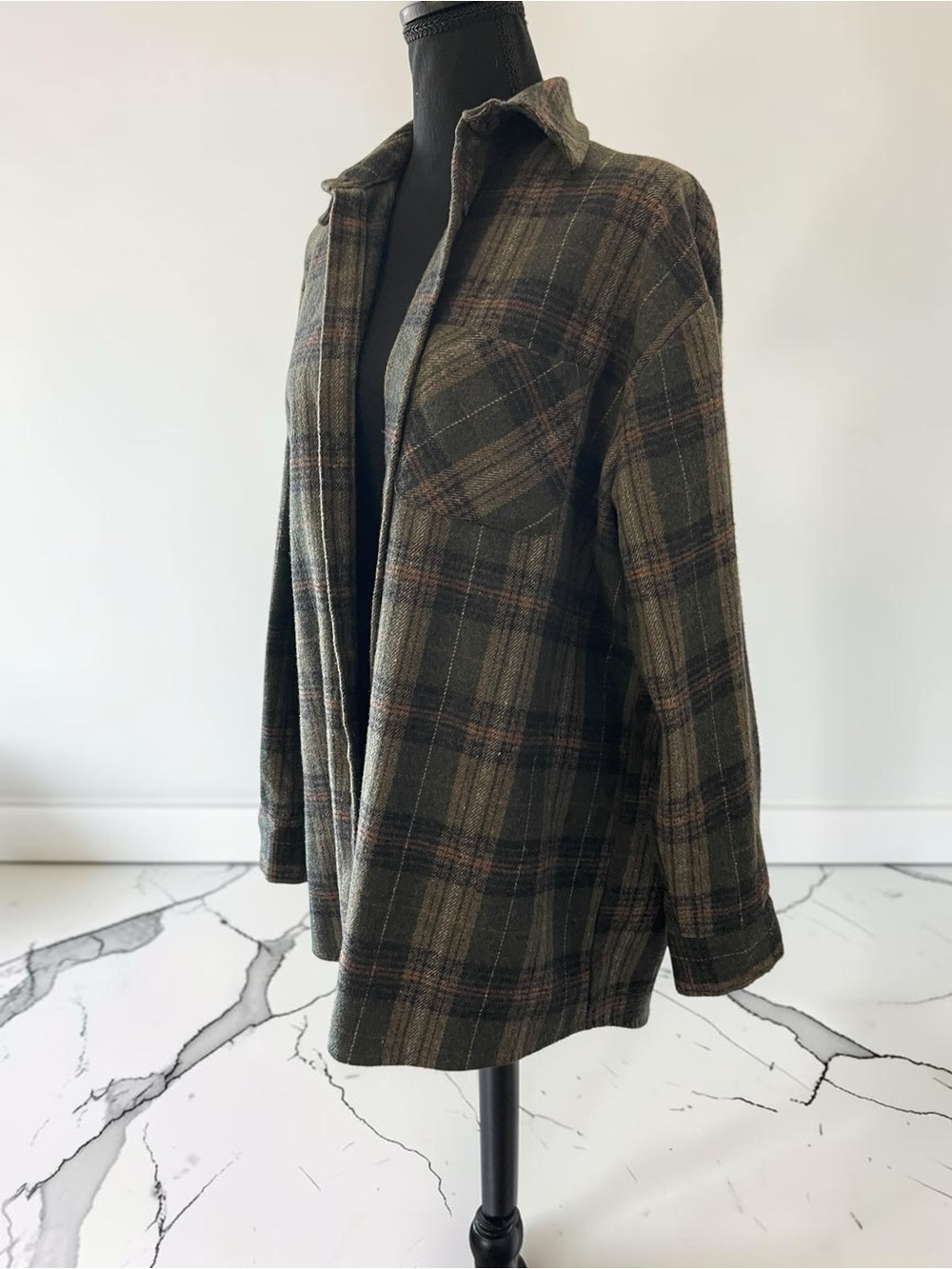 Audrey 3+1 Plaid Flannel Shirt S/M Green Brown Oversized Button Down Shacket - Picture 2 of 6
